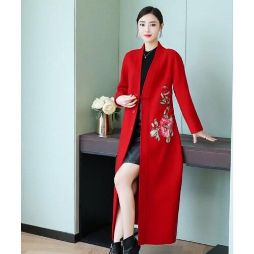 2019 Winter Coat Women Chinese style red long Womens Coats Slim Wool Outerwear Warm Winter Jacket For Female AA5185