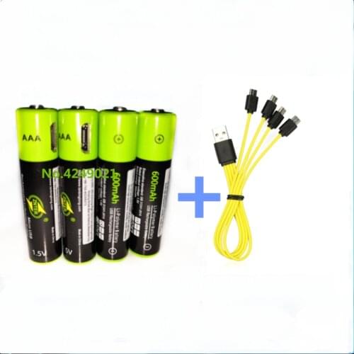 4PCS New ZNTER 1.5V 600mAh AAA Rechargeable Battery USB Rechargeable Lithium Polymer Battery with Micro USB Cable Fast Charge