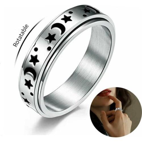 6mm Moon Star Anxiety Figet Spinner Rings For Women Men Lover Wife Girlfriend Gifts Stainless Steel Rotate Spinning Wedding Ring