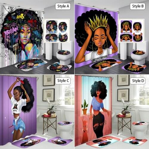 African Afro American Crown Women Shower Curtain Graffiti Hair Walking Dog Lady Non-slip Mat Rugs Toilet Lid Cover Bath Curtains