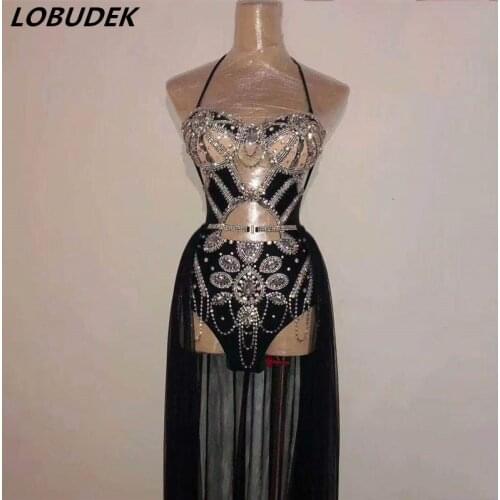Black Full Rhinestones Bodysuit Mesh Trailing 2 Pieces Set Dance Outfit DJ Female Singer Bar Nightclub Clothes Dance Costume