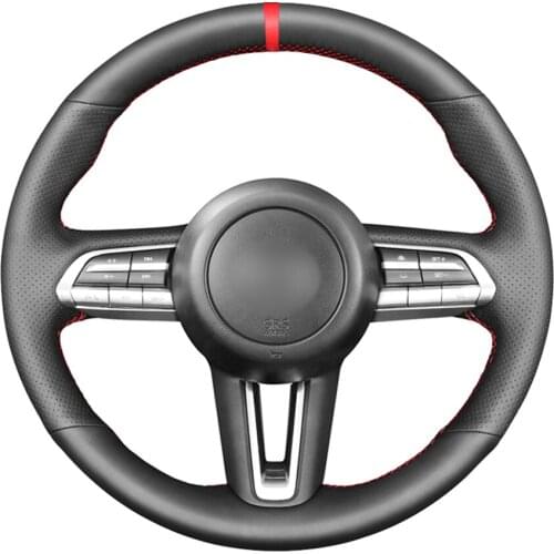 Black PU Faux Leather Red Marker DIY Hand Stitched Car Steering Wheel Cover for Mazda 3 Axela 2019 2020 CX-30 2020 MX-30 2020