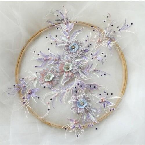 DIY Flower-Fabric-Patch Wedding-Gown Bridal-Dress Applique Sequin Sewing Rhinestones