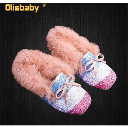 Winter Children Girls Fur Plus Velvet Rubber Sequin Rainbow Princess Shoes Kids Mary Jane Peas Shoes Child Flat Light Footwear