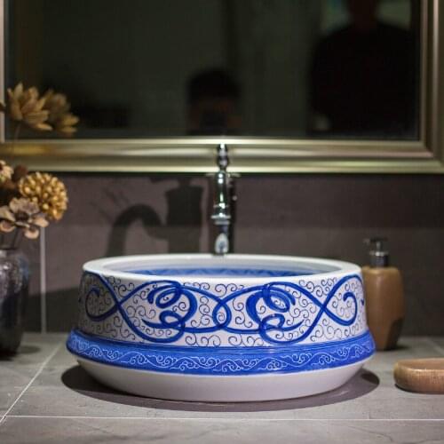Jingdezhen factory directly art hand painted ceramic wash basin bathroom sink blue and white