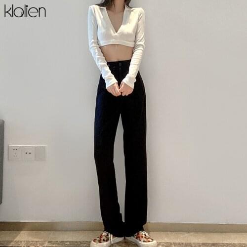 KLALIEN 2021 Spring New Women High Street Casual Loose High Waist Solid Black Straight Pant Office Lady Simple Trousers