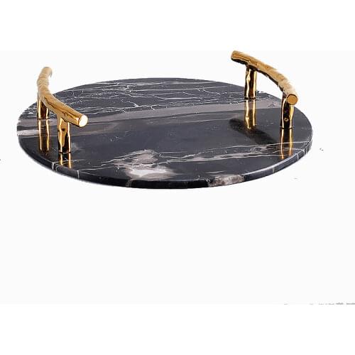 Nordic Metal Handle Round Black White Marble Tray Home Decoration Storage Supplies Coffee Tea Set Dessert Jewelry Outline Tray