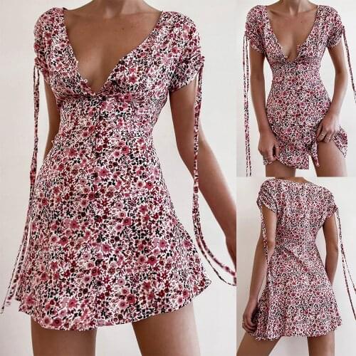 Summer Floral Printed Mini Dress Ladies Sexy V-neck Buttons Wrinkled Drawstring Short Sleeve A-line Slim Dresses Women Vestidos