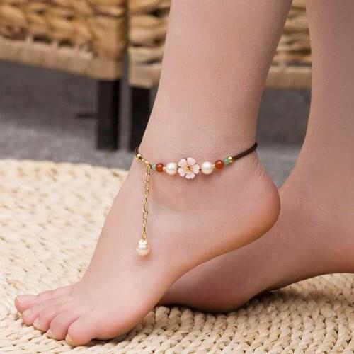 Fashion Casual Ethnic Style Pink Shell Flower Initial Charm Beaded Anklets Natural Stones Meo Jewellery Gifts For Girls Women