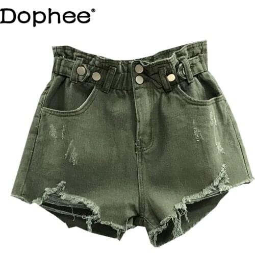 Fashion Korean Style Shorts Green Elastic High Waist Denim Short Pants Womens Summer New Ripped Wide-Legged A- Line Hot Pants