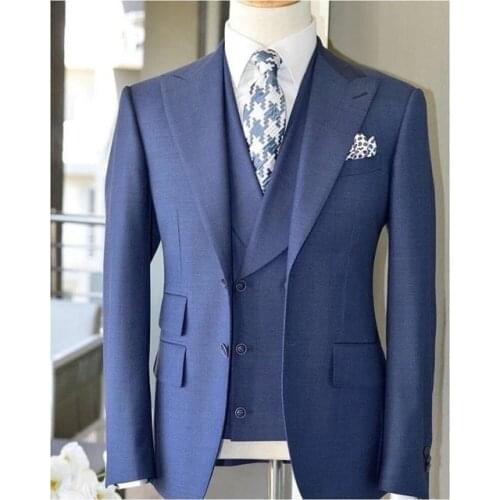 Fashion Blue Men Suit Slim Fit 3 Piece Peak Lapel Tuxedo Prom Wedding Suits Costume Homme Marriage Groom Blazer Terno Masculino