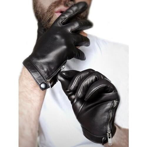 Mans side zipper with button real leather lambskin gloves black