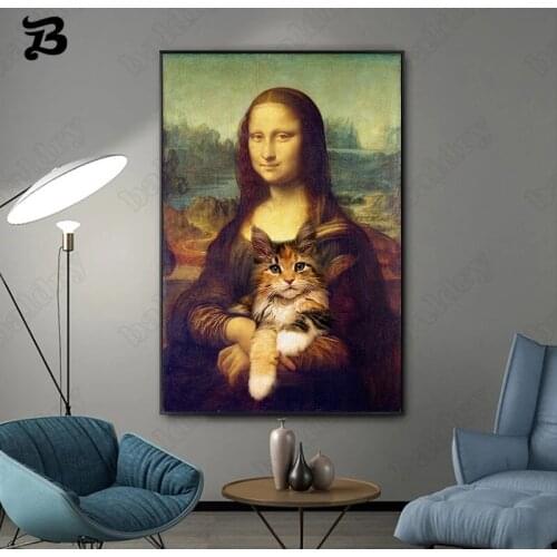 Funny Canvas Painting Mona Lisa Holding a Cat Wall Art Posters and Prints Famous Pictures Wall Posters for Living Room Decor