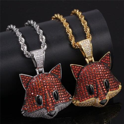 Cute Full Rhinestone Fox Pendant Necklace Iced Out Cubic Zircon Hip Hop Party Jewelry Fashion Couple Necklace For Men Women Gift