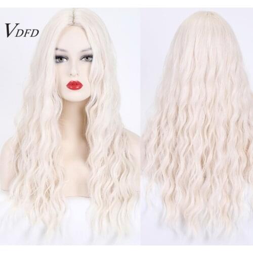 VDFD Light White Blonde Wig with Bangs Long Wavy Synthetic Hair Natural Heat Friendly Ginger Curly Party Cosplay Wig for Women