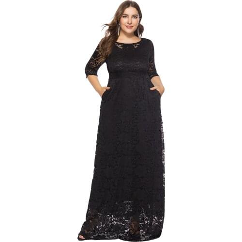 Plus Size Maxi Dress Hollow Lace Pockets Round Neck Three-Quarter Sleeves Slim Waist A-Line High Waist Elegant