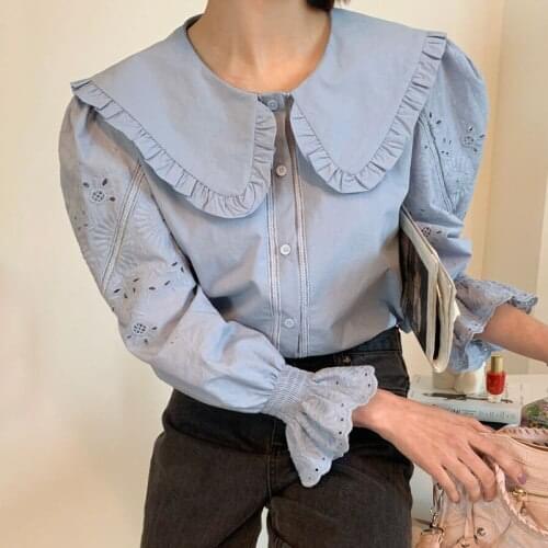Doll Collar Long Sleeve Blouse Women Draped Design Single Breast Blusas Spring 2021 New Loose Solid Ol Shirt Feminino