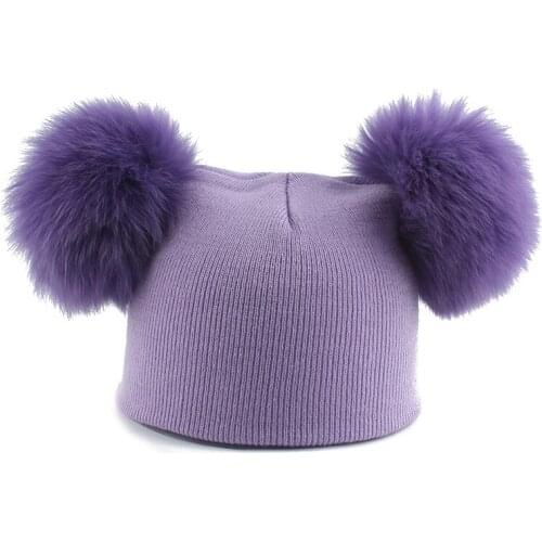 Mother Baby Beanie Kids Winter Fox Fur Pompom Hat Cute Double Pompon Cap For Girls Boys Warm Knitted Hats