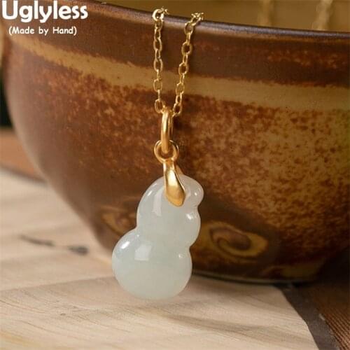 Uglyless Luxury Natural Emerald Gourd Pendants for Women Eastern Beauty FULU Lucky Rich Gifts Jewelry 925 Silver Ethnic Jewelry