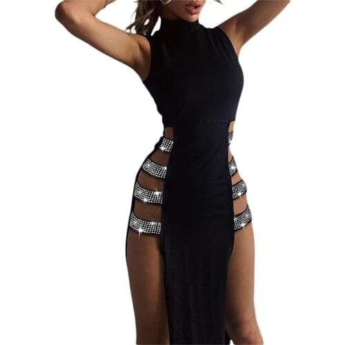 Party Dresses Glitter Choker Dress Sleeveless Bodycon Dress Sexy Club Shining Mini Studded Mock Neck High Slit Cutout Dress
