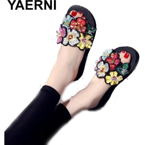 YAERNI new Summer Slippers Women Fashion Flip Flops Beach Platform Sandals Ladies Handmade Flowers shoes woman pantoufle femme