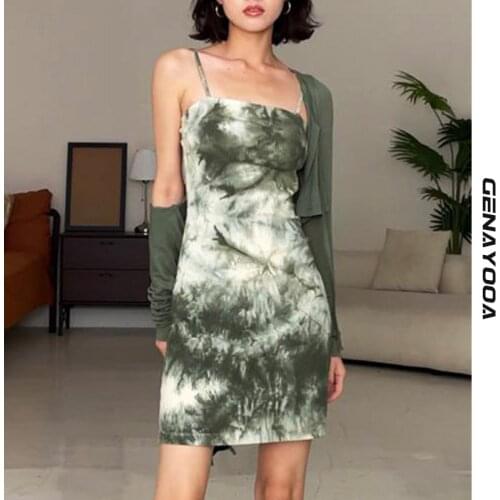 Genayooa Tie Dye Dress Set Cardigan Long Sleeve Women Two Piece Set 2021 Autumn Y2k Spaghetti Strap Slim Dress 2 Piece Suit