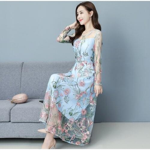 2021 Vestidos For Women Chiffon O-Neck Dresses Purple Blue Green Womens Chic Floral Embroidery Summer Outfits Party Lady Dress