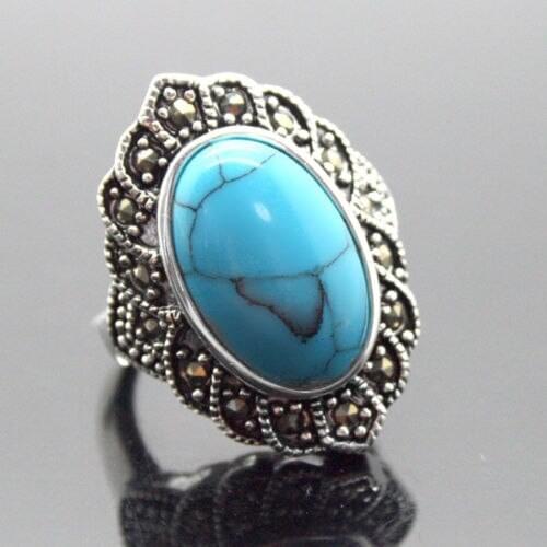 17X30mm Blue Turquoises Oval Gem 925 Sterling Silver Marcasite Ring Size 6/7/8/9