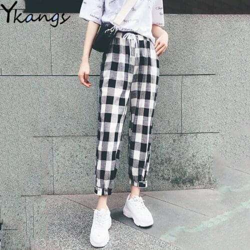 Black White Plaid Print Harem trousers Women High Waist Casual joggers cargo Pants Korean Clothes Loose Drawstring sweatpants