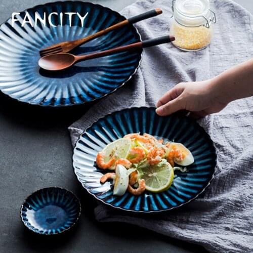 FANCITY Retro blue ceramic tableware steak western plate fruit serving plate creative household irregular flat pasta plate