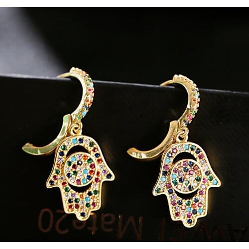 Fatima Hamsa Hand Charms Earring Unusual Pierce Colorful CZ Earrings For Women Funny Heart Shell Stars Pendant Jewelry Fashion