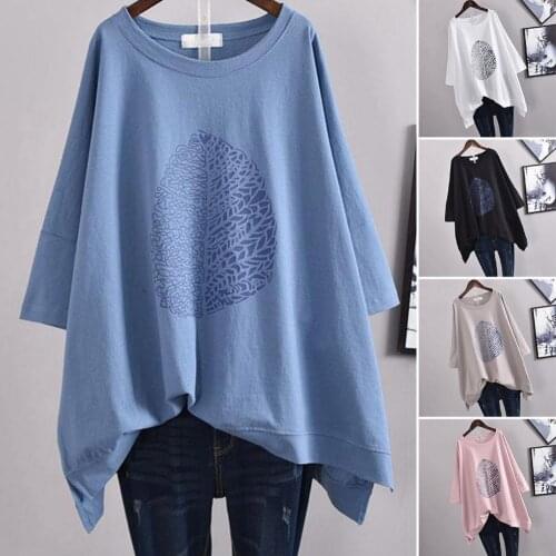Women T-shirt Short Sleeve O Neck Leaf Print Irregular Hem Loose Blouse Top Tees Female Summer Casual Tops Clothes Streetwear