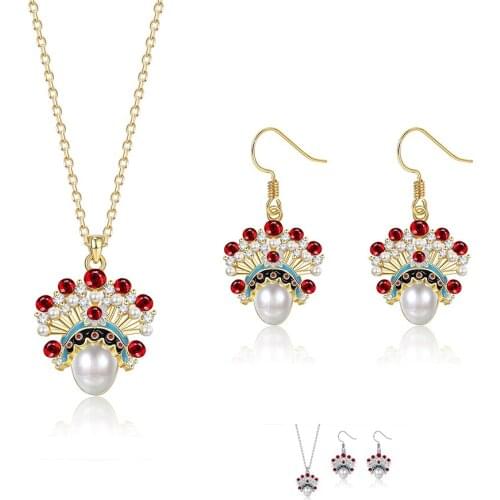 SILVERHOO Jewelry Set Chinese Style Peking Opera Facebooks Series 925 Sterling Silver Inlaid Pearls Gem Earrings And Necklace