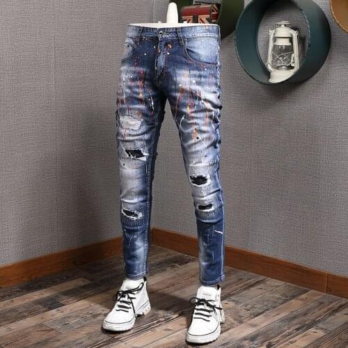 Mens Splash-ink Blue Ripped Jeans Men Fashion Slim Fit Pencil Pants Streetwear Cowboy Casual Denim Trousers