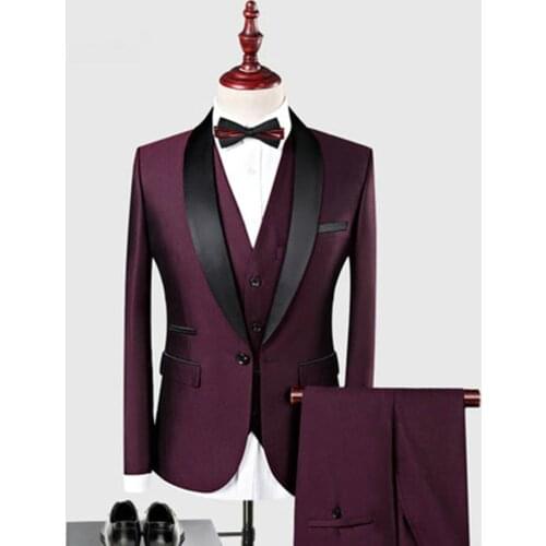 Brand Business Men Suit 2019 Wedding Suits for Men Shawl Collar 3 Pieces Slim Fit Burgundy Suit Mens Tuxedo Jacket Bridegroom