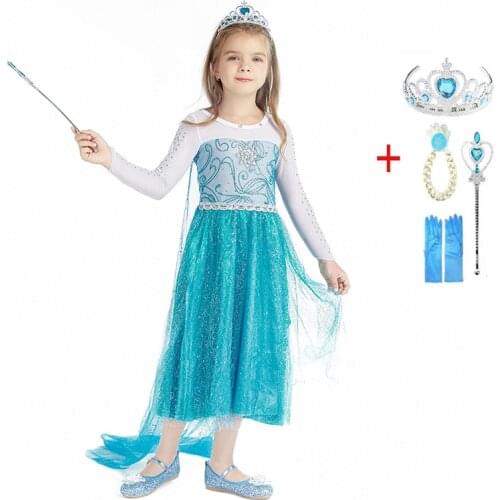 2021 New Dress Girls Costume Elsa Cosplay Costumes Long Sleeve Halloween Children Dresses Party Princess Kids Dresses With Crown
