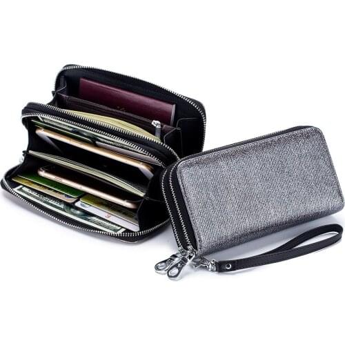 New Genuine Leather Double Zipper Wallet Ladies Long Large Capacity Women Clutch Bag Bling Wallet Phone Bag Card Holder