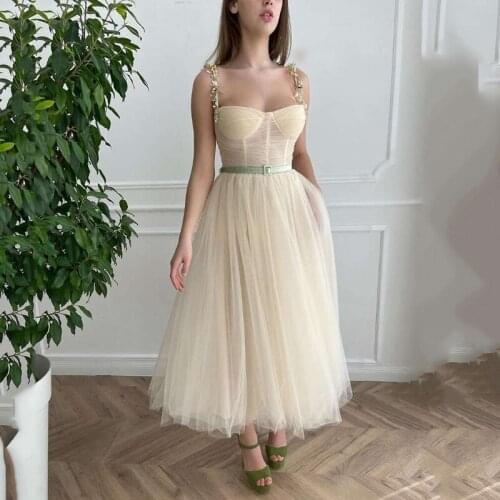 Prom Dresses 2021 Spaghetti Straps Midi Length Wedding Party Dress Vintage Girls Prom Gowns Belt