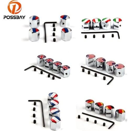 POSSBAY 10 Sets Antitheft Stainless Silver Car Wheel Tire Valves Tyre Air Caps Cover Russia UK US Italy France German Flag