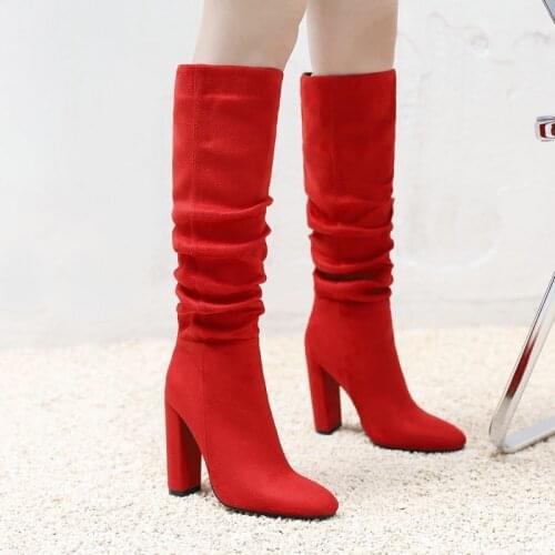 Autumn Winter Women Boots Fashion Pleated Knee High Boots Faux Suede Square High Heel Long Boots Slip On Round Toe Shoes Woman