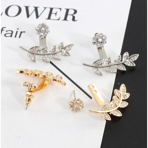 Jisensp Simple Fashion Rhinestone Ear-jackets Delicate Leaves Flower Stud Earrings Fashion Jewelry for Women Girls Party Gift