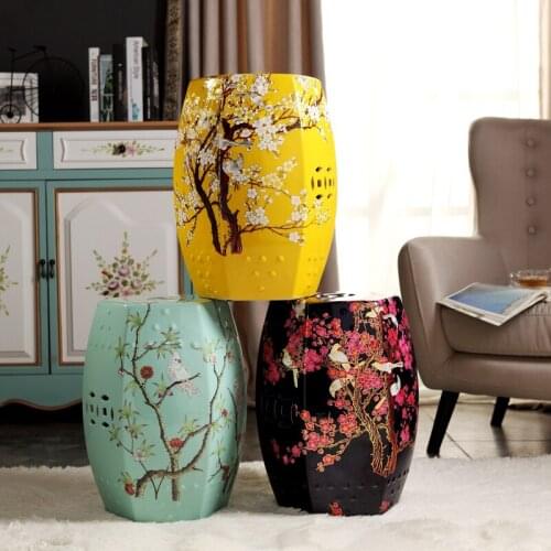New Chinese Garden Studio Classical Bedroom Drum stool At Home Dressing Handpainted Flower square Ceramic porcelain stool