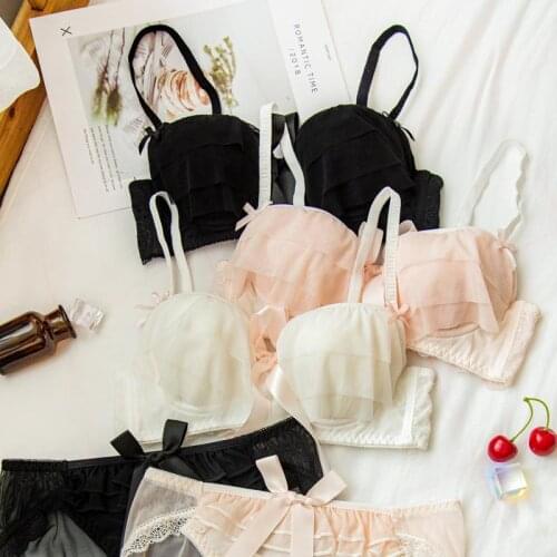 Japanese Sexy Lingerie for Small Chest Ruffles Transparent Panties and Bra Brief Thongs Set Underwear Wire Free Ultra-thin Bras