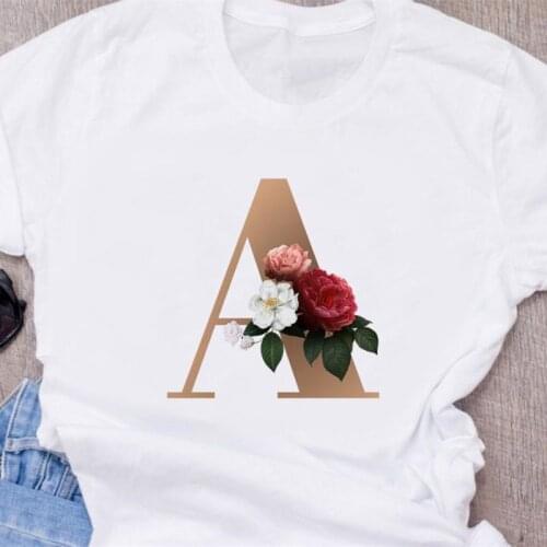 Summer Letter Printed Women T-shirt Flower letter Font A B C D E F G Short sleeve Tshirt womans white Tee Top