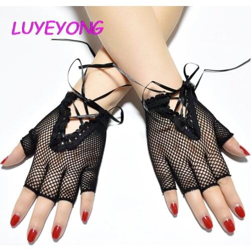 Lady Lace-up Hollow Out Street Unisex Wrist-length Thin Gloves Goth Cosplay Black Gothic Women Half-finger Mesh Glove 2021 Cool