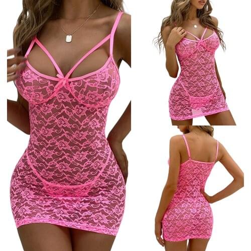 Women Sexy Two-piece Clothes Set Pink Perspective V-neck Sleeveless Dress and Panties Gift for Girlfriend S/ M/ L/ XL