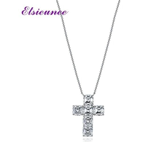ELSIEUNEE Luxury 925 Sterling Silver Cross Created Moissanite Diamond Pendant Necklaces for Women Wedding Party Fine Jewelry