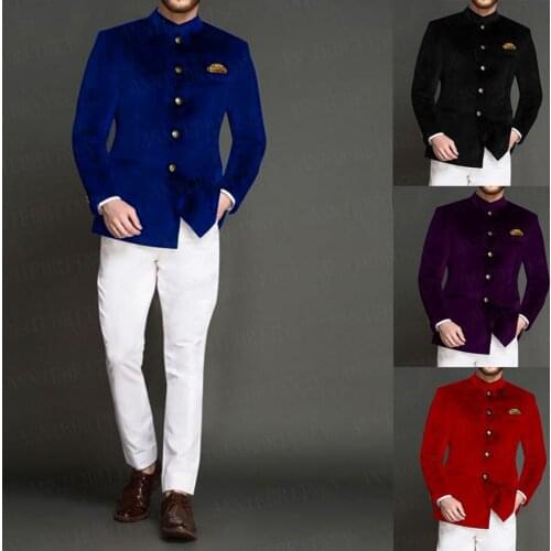 2021 Royal Blue Velvet Suit Men Stand-up Collar Blazer Custom Made Groomsmen Wedding Marriage Clothes Jacket with Pants 2 Pieces
