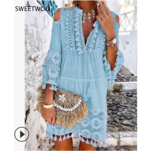 2021 Beach Hot Summer and Autumn New European and American V-Neck Three-Quarter Sleeves Lace Fringed Mid-Length Lace Shirt Dress