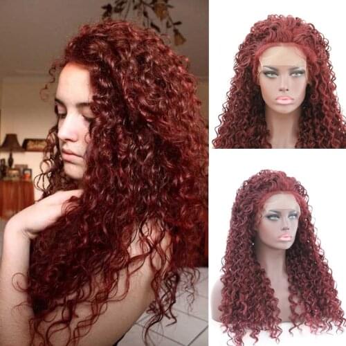 AIMEYA Mysterious Burgundy Synthetic Lace Front Wig Deep Curly for Women Half Hand Tied High Temperature Hair Red Lace Wigs